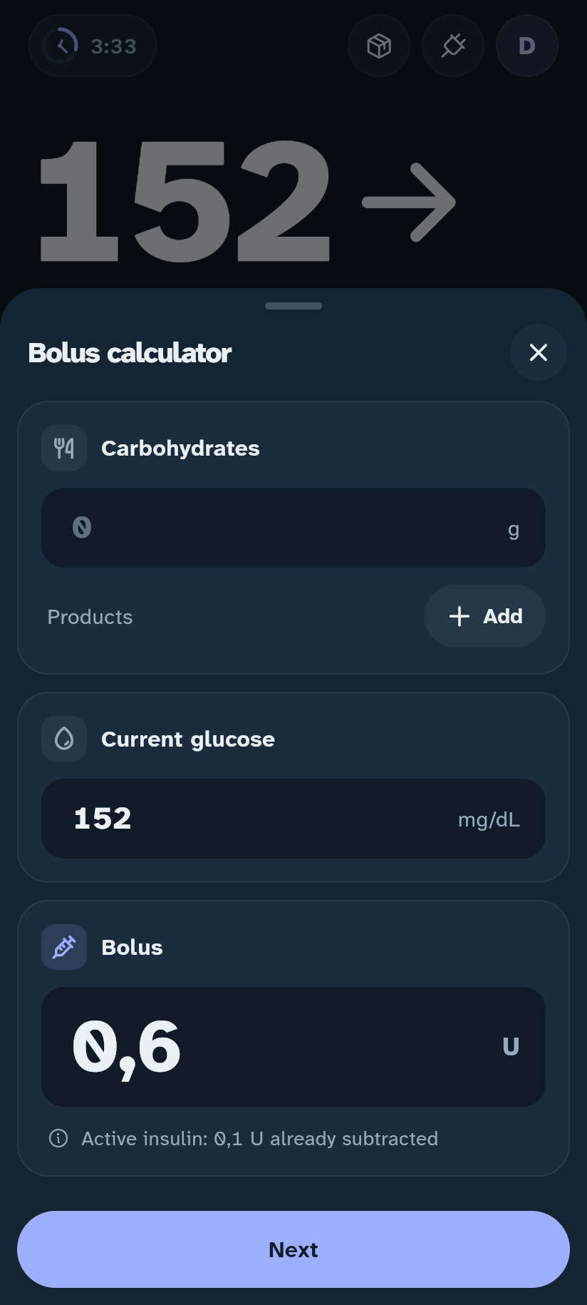 Bolus calculator in the Insulink app