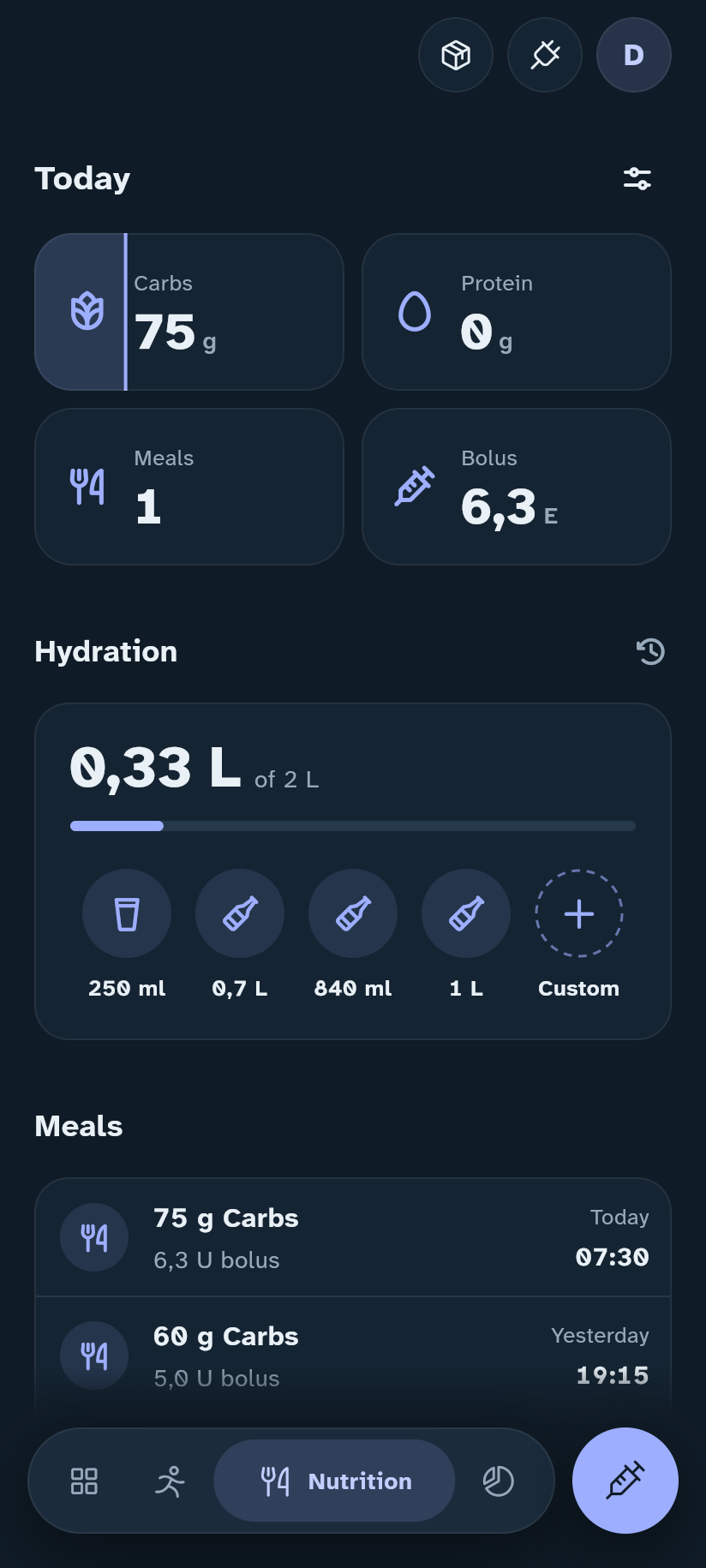 Nutrition in the Insulink app