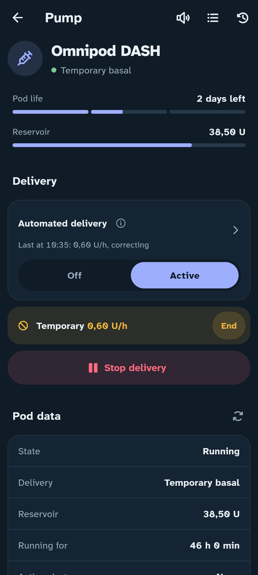 Pump in the Insulink app
