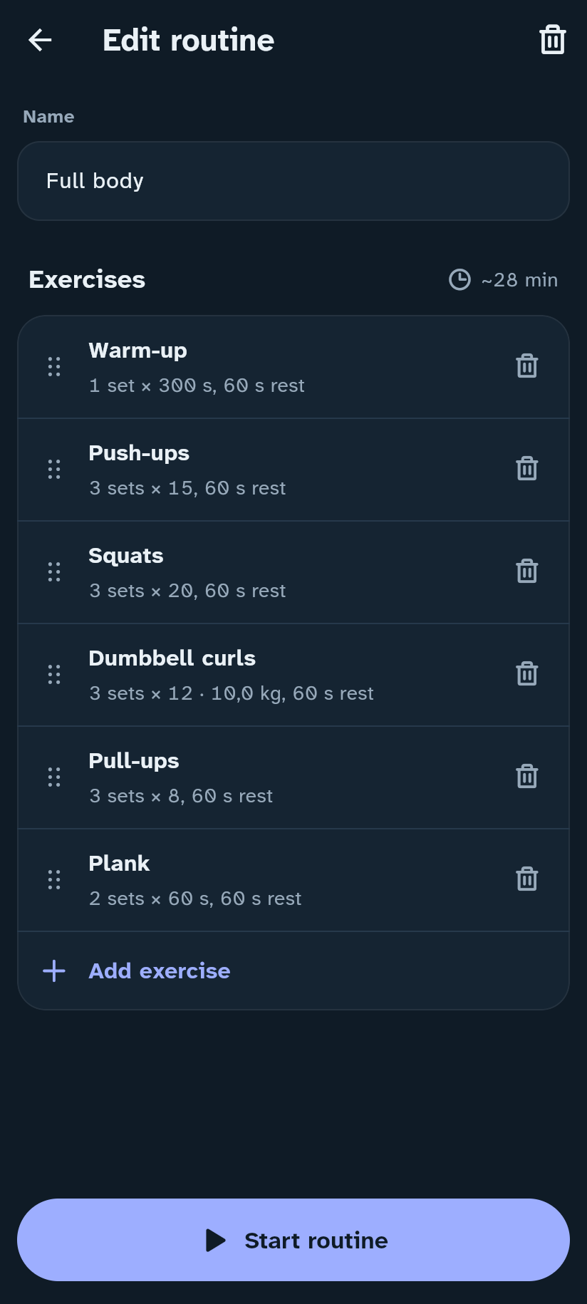 Editing a training routine in the Insulink app