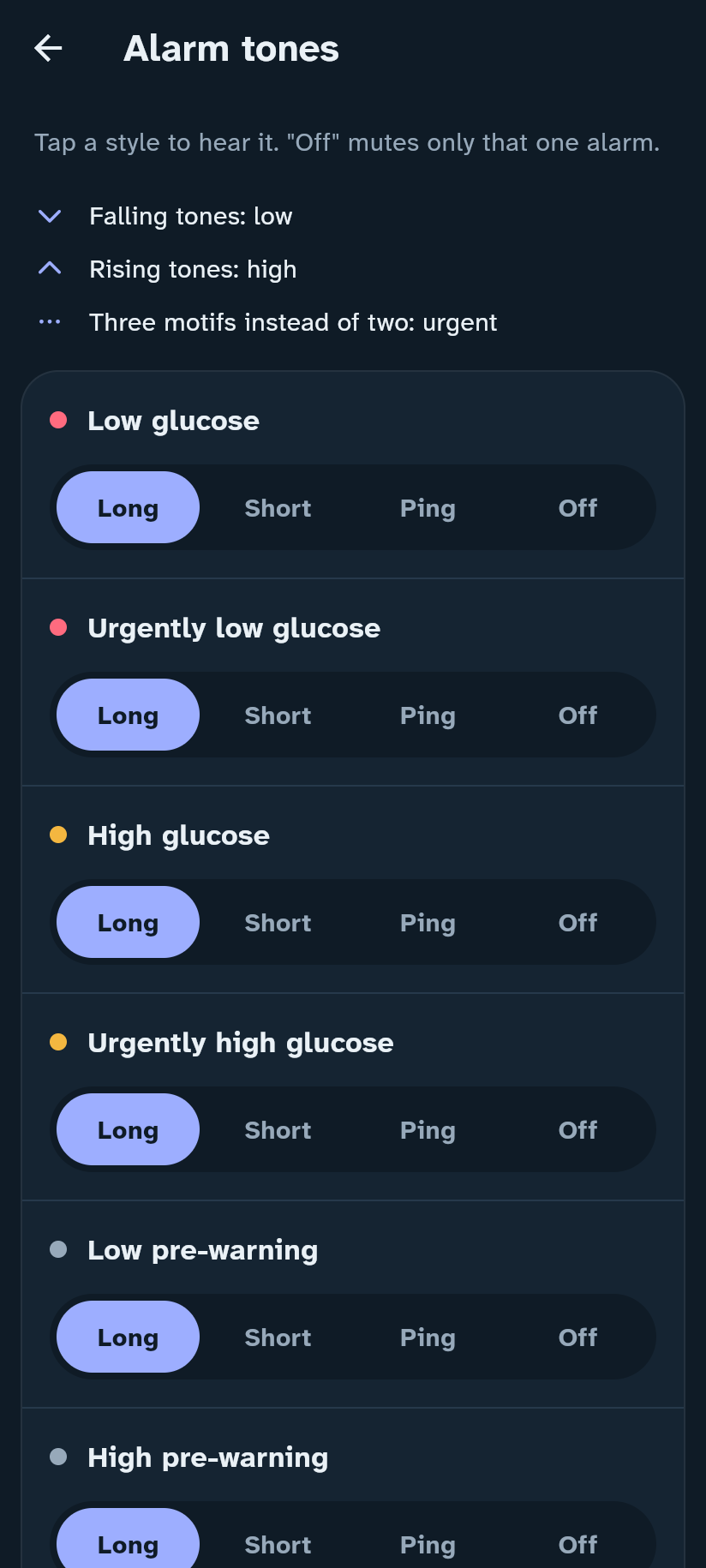 Alarm tone settings in the Insulink app