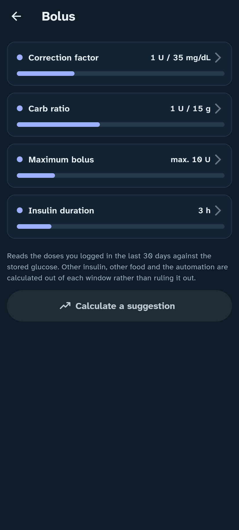 Bolus settings in the Insulink app
