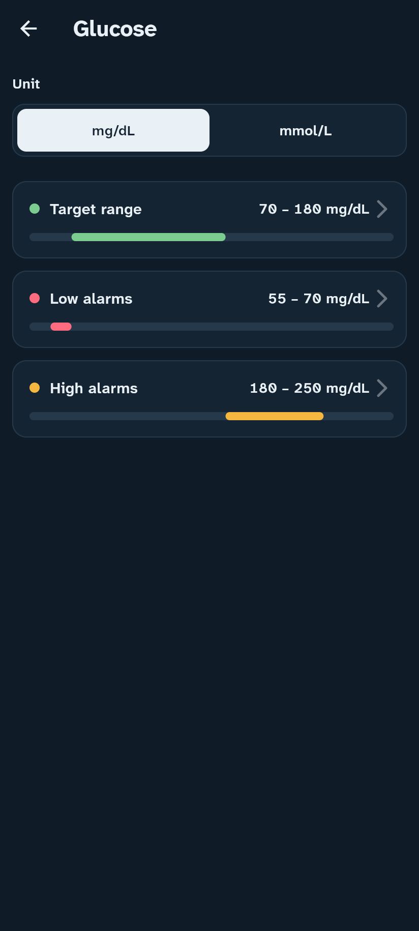 Glucose settings in the Insulink app
