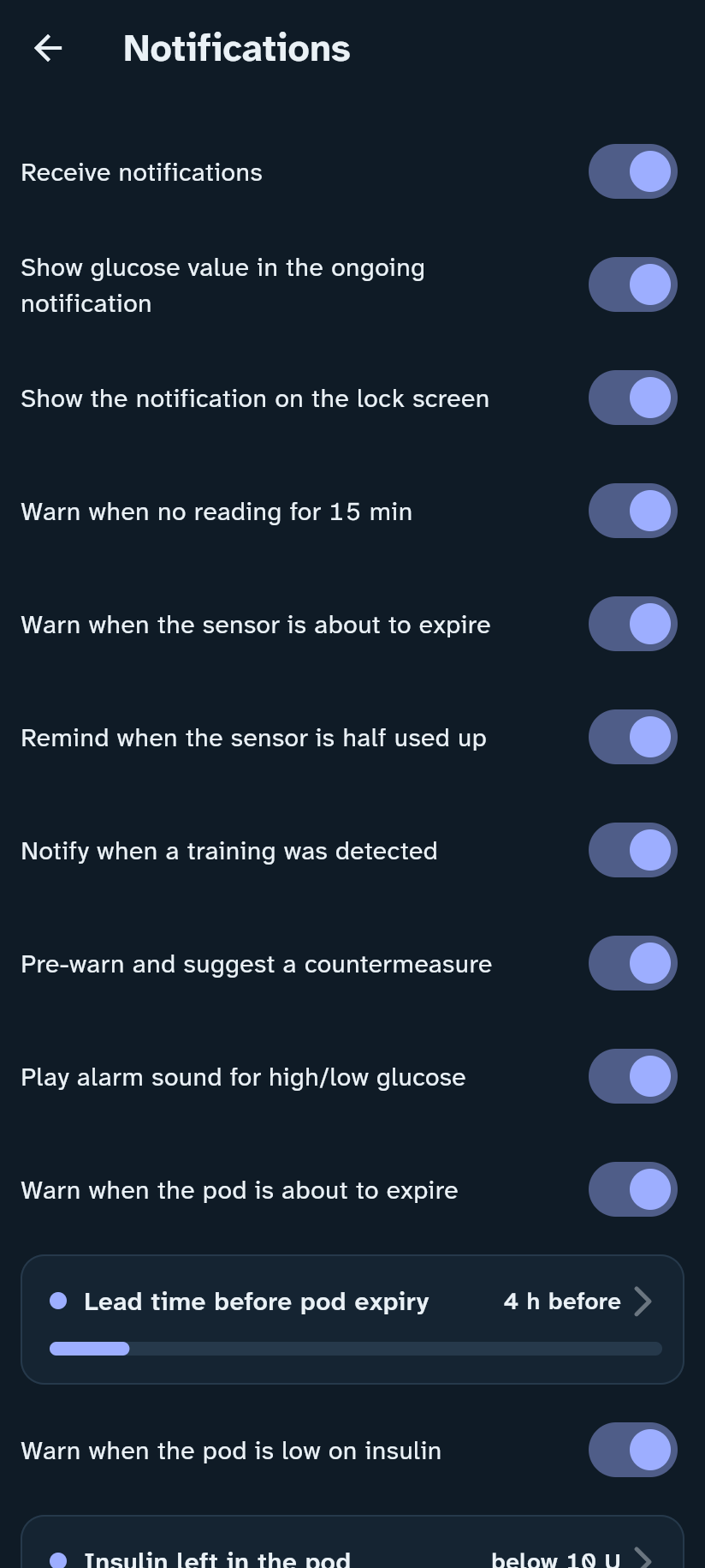 Notification settings in the Insulink app