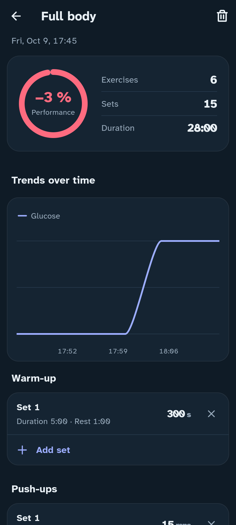 Workout result in the Insulink app